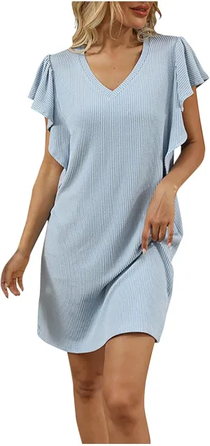 Summer Mini Dresses for Women Ruffle Cap Sleeve V Neck Striped Printed Above Knee Length Casual Loose Shift Dress