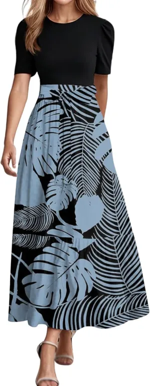 Summer Tie Belted Dresses for Women 2025 Short Sleeve Crewneck Flowy Patchwork Ruffle Hem A Line Boho Dress