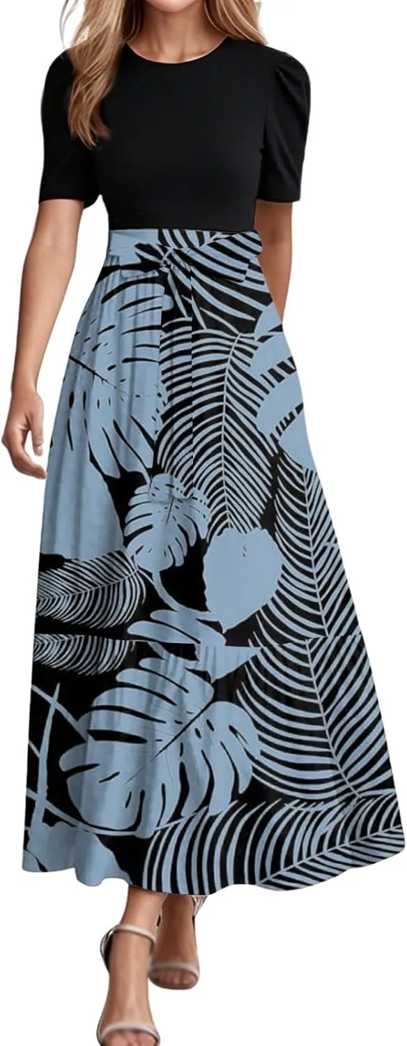 Summer Tie Belted Dresses for Women 2025 Short Sleeve Crewneck Flowy Patchwork Ruffle Hem A Line Boho Dress