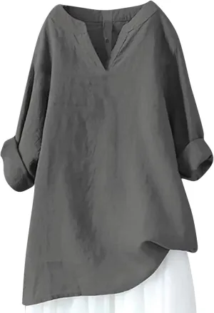 Summer Tops for Women 2024 Cotton Linen Loose Fit V Neck Blouse Tops Casual Comfy Long Sleeve Clothes