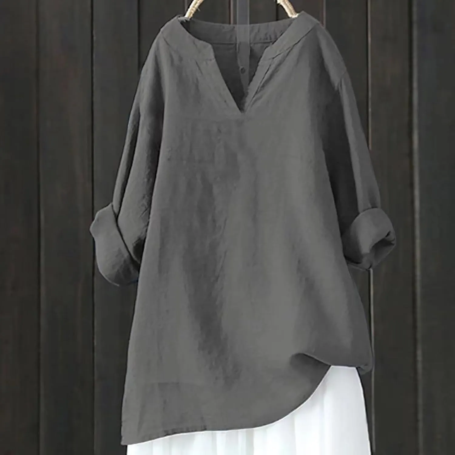 Summer Tops for Women 2024 Cotton Linen Loose Fit V Neck Blouse Tops Casual Comfy Long Sleeve Clothes