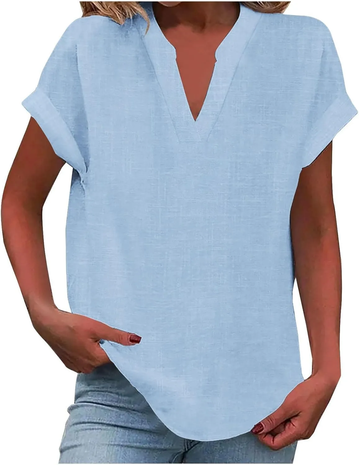 Summer Tops for Women 2025 Casual Short Sleeve Cotton Linen Shirts Button V Neck Tunic Blouse Beach Vacation Clothes