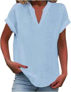 Summer Tops for Women 2025 Casual Short Sleeve Cotton Linen Shirts Button V Neck Tunic Blouse Beach Vacation Clothes