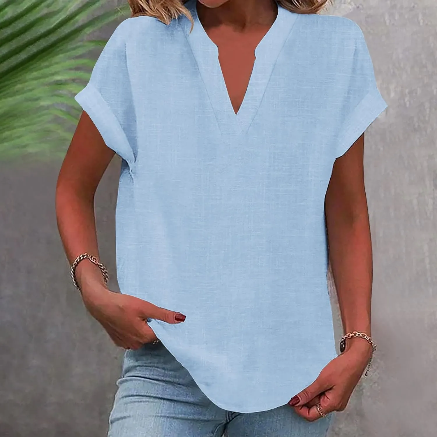 Summer Tops for Women 2025 Casual Short Sleeve Cotton Linen Shirts Button V Neck Tunic Blouse Beach Vacation Clothes