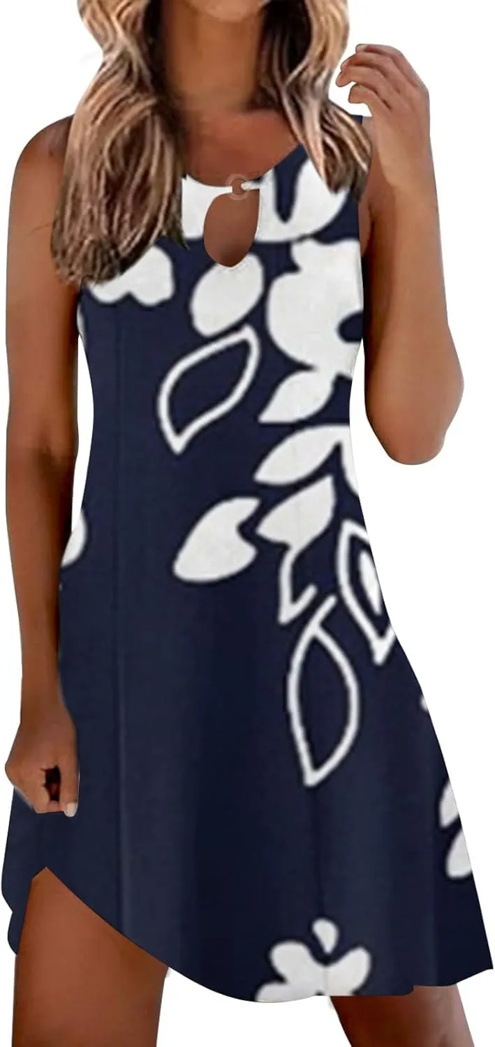 Sun Dresses for Women 2025 Summer Dress Loose V Neck Sleeveless Sundresses Swimsuit Coverup with Pockets Floral Tank Dresses