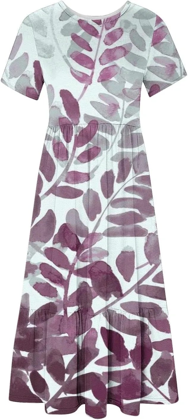 Sun Dresses for Women Casual Tie Dye Boho Floral Print Flowy Summer Dresses 2024 Swing Maxi Dresses with Pockets