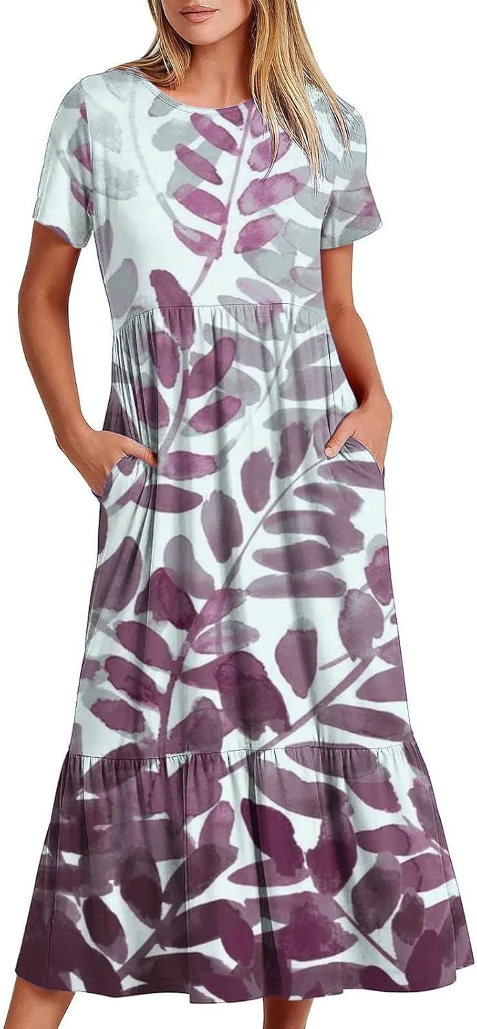 Sun Dresses for Women Casual Tie Dye Boho Floral Print Flowy Summer Dresses 2024 Swing Maxi Dresses with Pockets