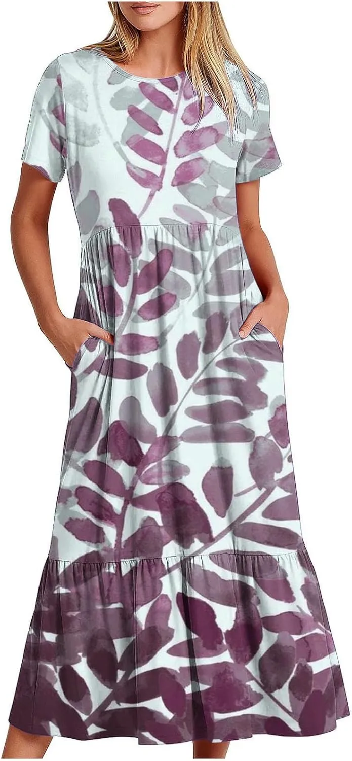 Sun Dresses for Women Casual Tie Dye Boho Floral Print Flowy Summer Dresses 2024 Swing Maxi Dresses with Pockets