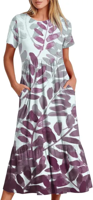 Sun Dresses for Women Casual Tie Dye Boho Floral Print Flowy Summer Dresses 2024 Swing Maxi Dresses with Pockets