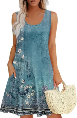 Sundresses for Women 2025 Vacation Summer Tank Dress with Pockets Sleeveless U Neck Frocks with Pockets
