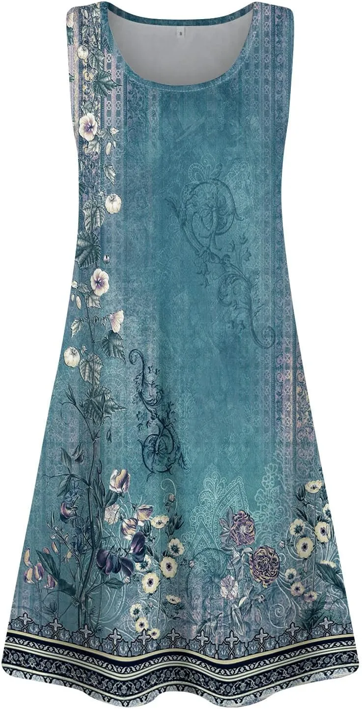 Sundresses for Women 2025 Vacation Summer Tank Dress with Pockets Sleeveless U Neck Frocks with Pockets