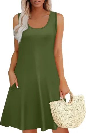 Sundresses for Women 2025 Vacation Summer Tank Dress with Pockets U Neck Sleeveless Frocks with Pockets