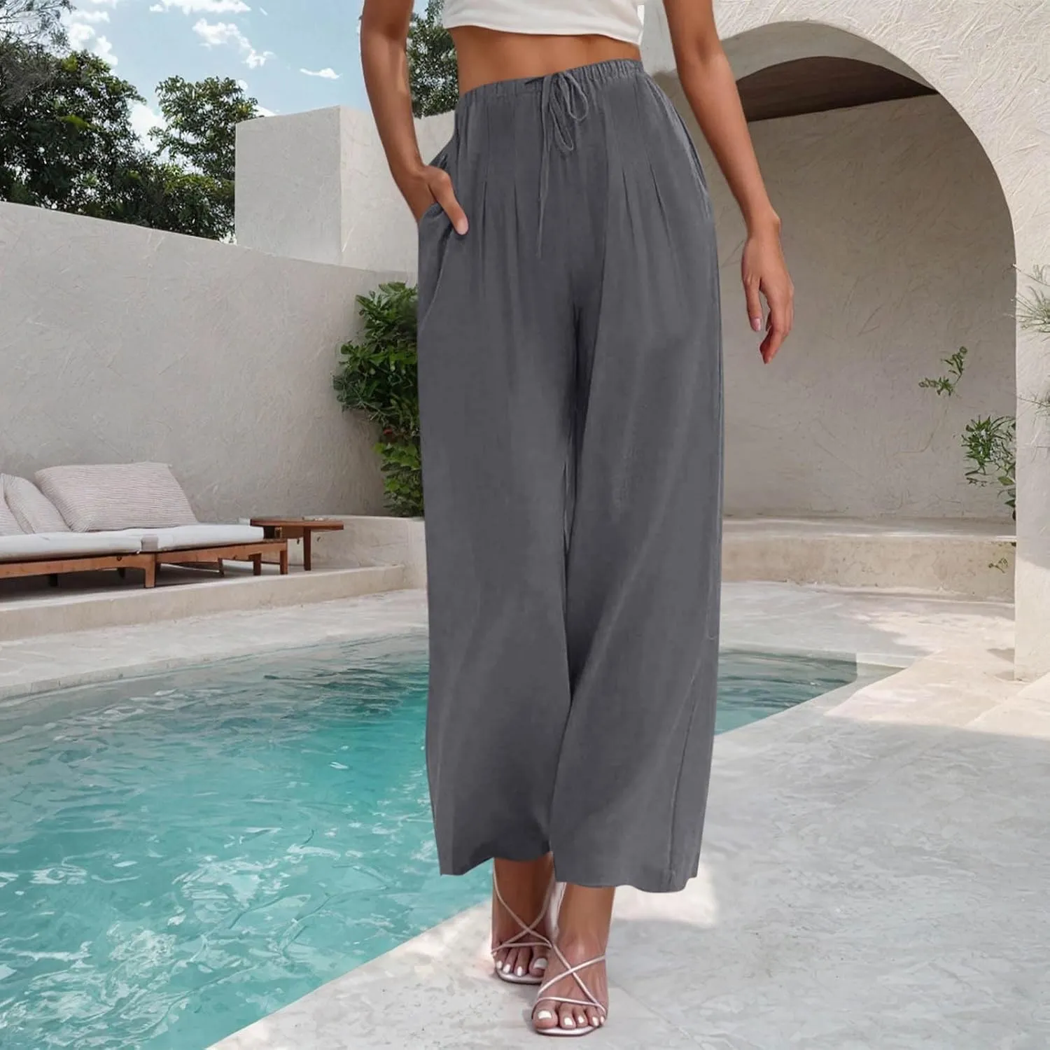 TANGNADE Women's Pants High Elastic Waisted Plus Size Wide Leg Trouser with Pockets Summer Casual Beach Flowy Pant