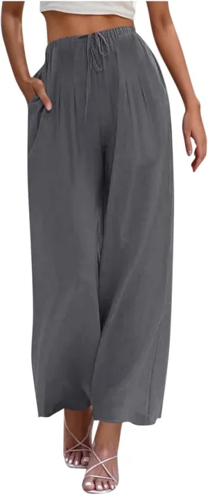 TANGNADE Women's Pants High Elastic Waisted Plus Size Wide Leg Trouser with Pockets Summer Casual Beach Flowy Pant