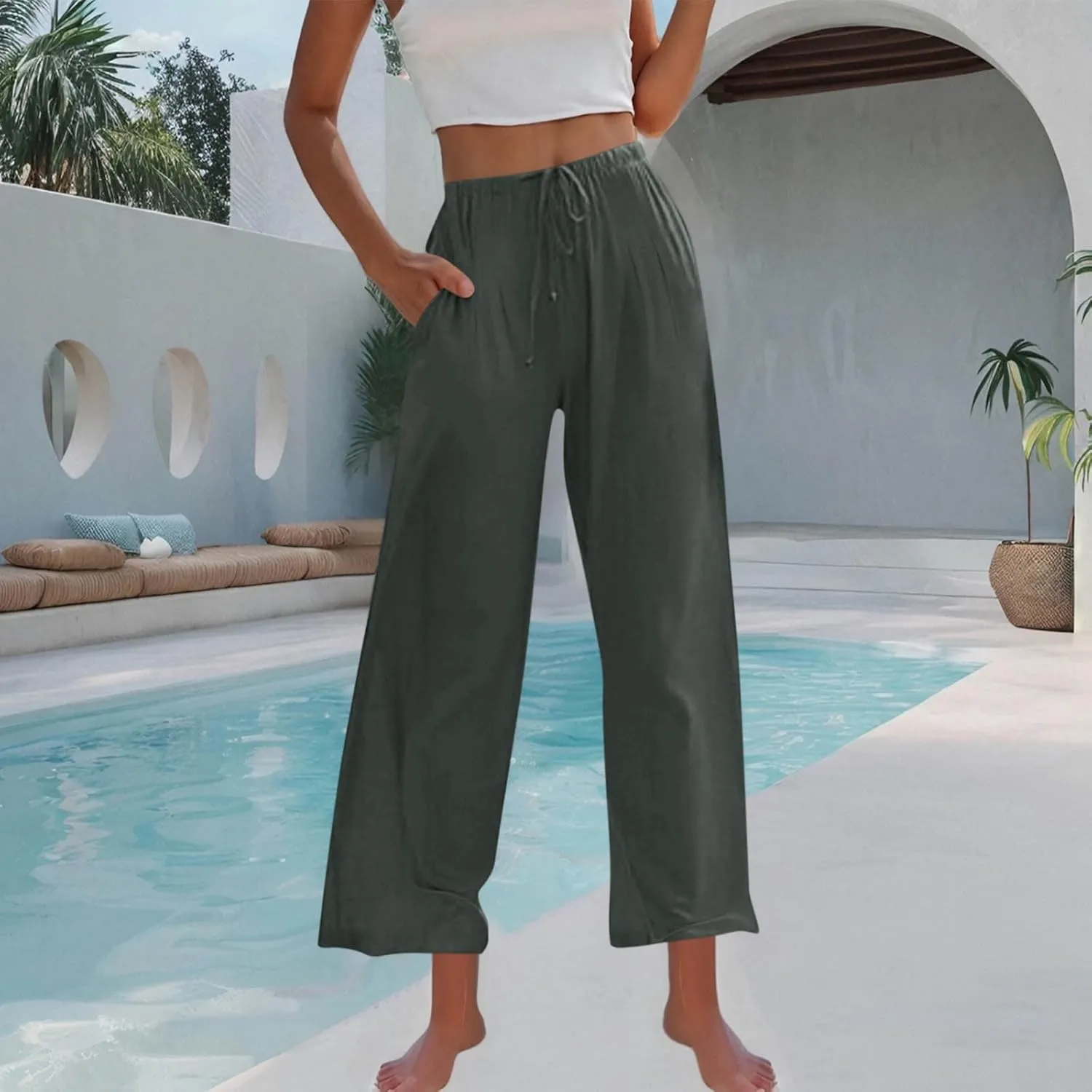 TANGNADE Women's Pants High Elastic Waisted Plus Size Wide Leg Trouser with Pockets Summer Casual Beach Flowy Pant