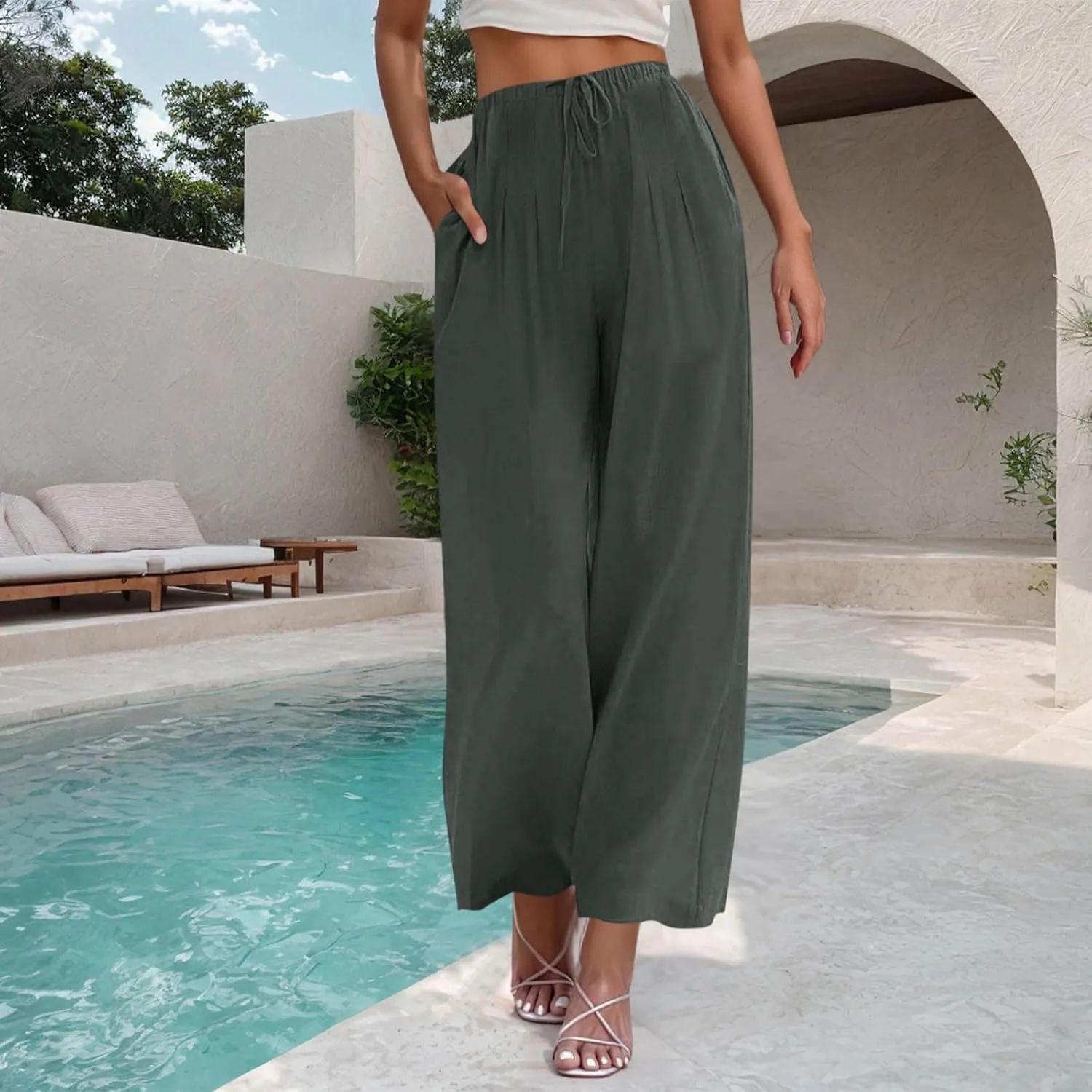 TANGNADE Women's Pants High Elastic Waisted Plus Size Wide Leg Trouser with Pockets Summer Casual Beach Flowy Pant