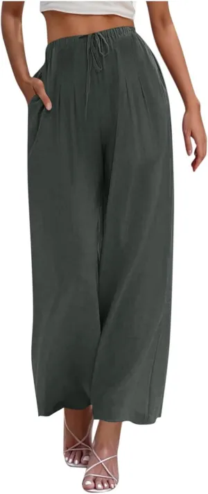 TANGNADE Women's Pants High Elastic Waisted Plus Size Wide Leg Trouser with Pockets Summer Casual Beach Flowy Pant