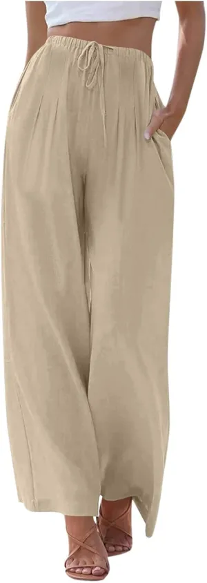 TANGNADE Women's Pants High Elastic Waisted Plus Size Wide Leg Trouser with Pockets Summer Casual Beach Flowy Pant