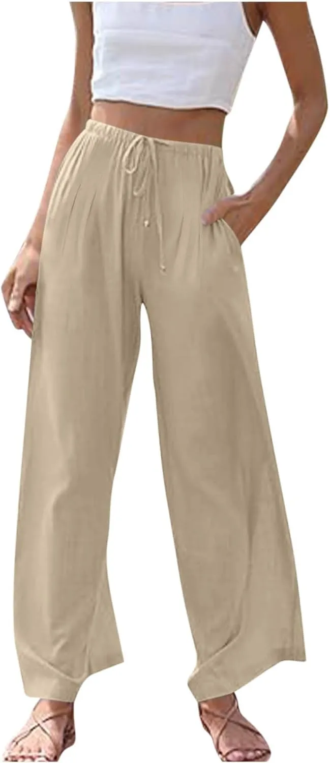 TANGNADE Women's Pants High Elastic Waisted Plus Size Wide Leg Trouser with Pockets Summer Casual Beach Flowy Pant