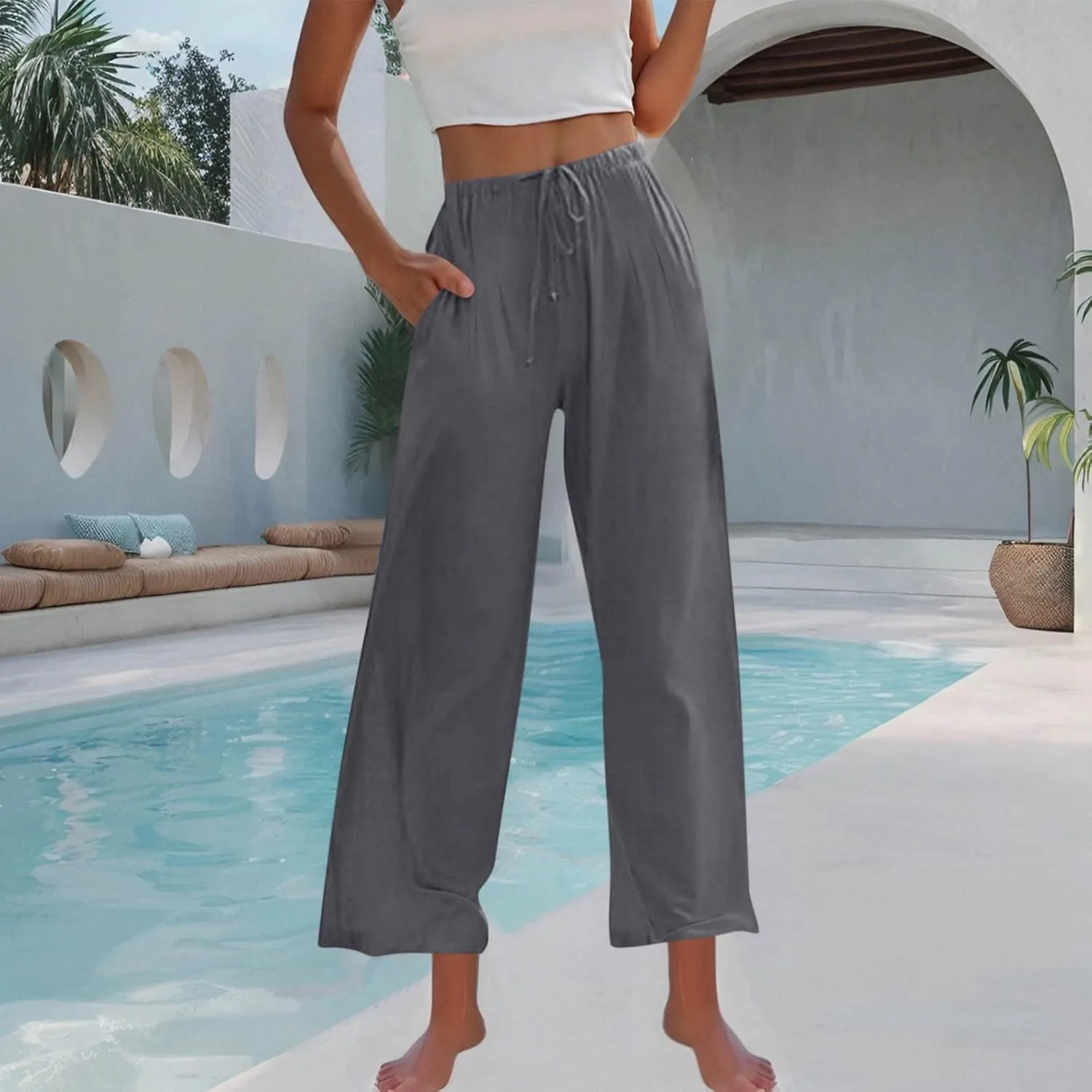 TANGNADE Women's Pants High Elastic Waisted Plus Size Wide Leg Trouser with Pockets Summer Casual Beach Flowy Pant
