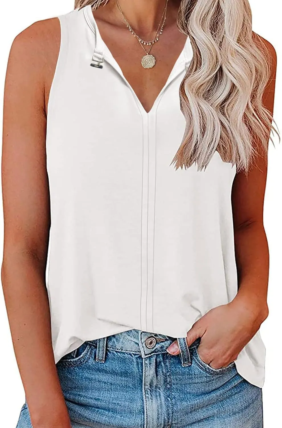 Tank Top for Women Keyhole V Neck Sleeveless Tank Tops Casual Loose Fit Summer Tee Shirts Business Work Shirt Blouses