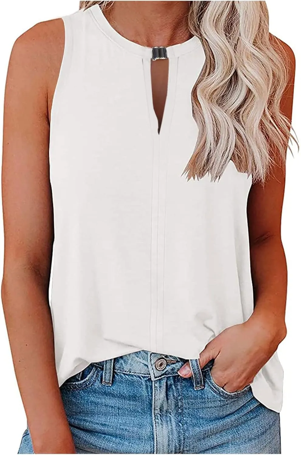 Tank Top for Women Keyhole V Neck Sleeveless Tank Tops Casual Loose Fit Summer Tee Shirts Business Work Shirt Blouses