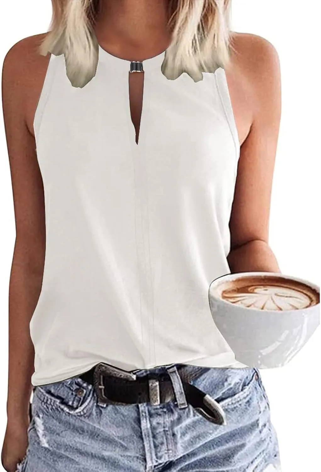 Tank Top for Women Keyhole V Neck Sleeveless Tank Tops Casual Loose Fit Summer Tee Shirts Business Work Shirt Blouses