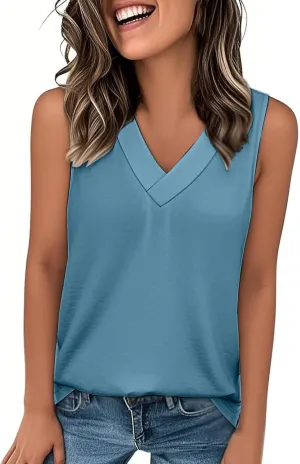 Tank Top for Women Summer V Neck T Shirt Trendy Sleeveless Solid Color Tee Loose Fit Trendy Clothes