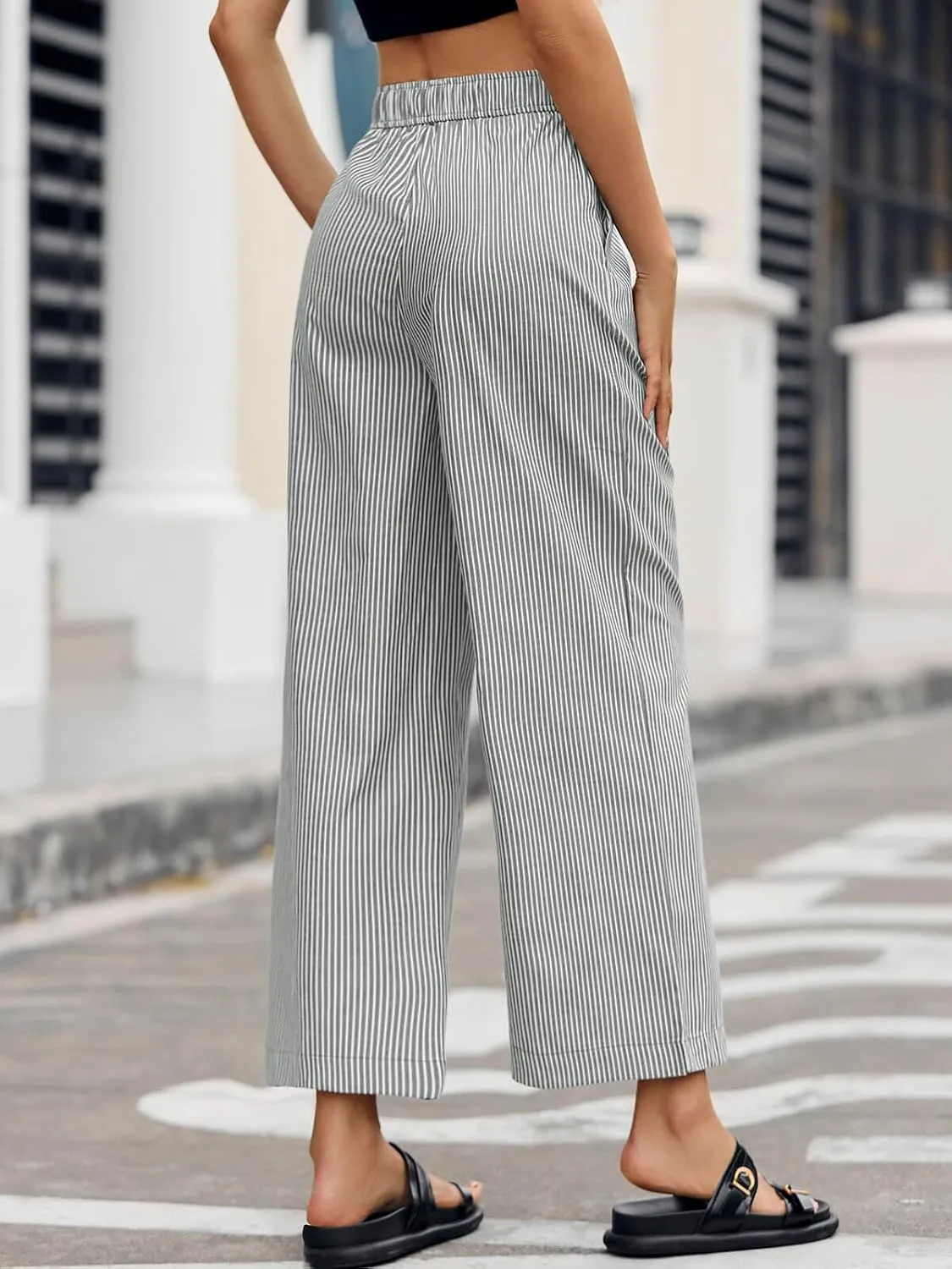 Tankaneo Womens Boxer Pants Striped Lounge Pajama Bottoms Elastic High Waisted Wide Leg Trousers with Pockets