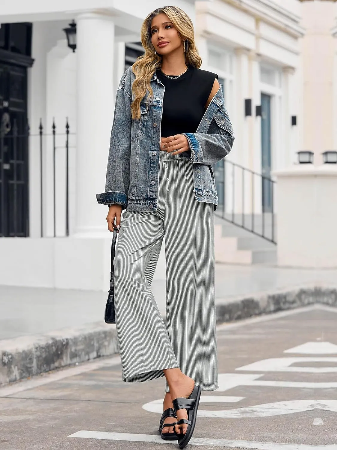 Tankaneo Womens Boxer Pants Striped Lounge Pajama Bottoms Elastic High Waisted Wide Leg Trousers with Pockets