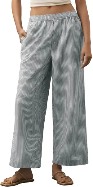 Tankaneo Womens Boxer Pants Striped Lounge Pajama Bottoms Elastic High Waisted Wide Leg Trousers with Pockets