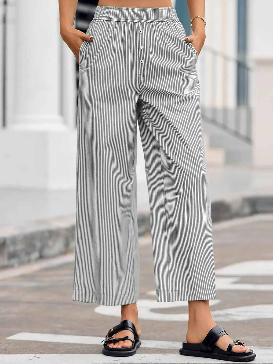 Tankaneo Womens Boxer Pants Striped Lounge Pajama Bottoms Elastic High Waisted Wide Leg Trousers with Pockets