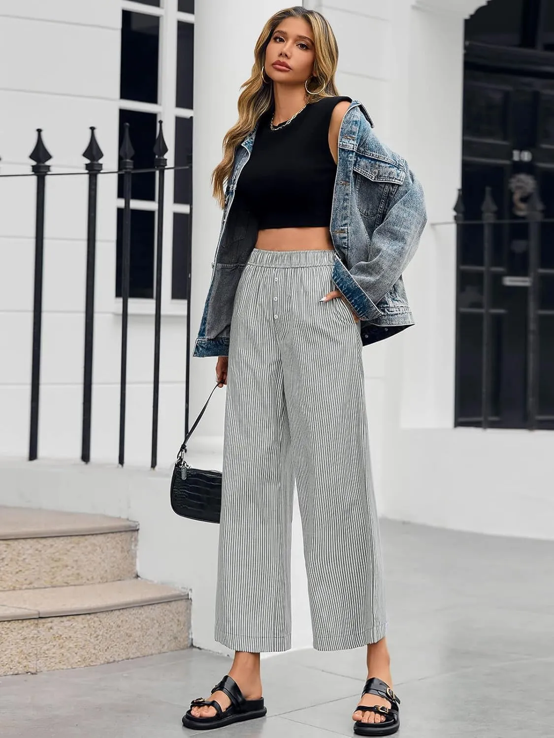 Tankaneo Womens Boxer Pants Striped Lounge Pajama Bottoms Elastic High Waisted Wide Leg Trousers with Pockets