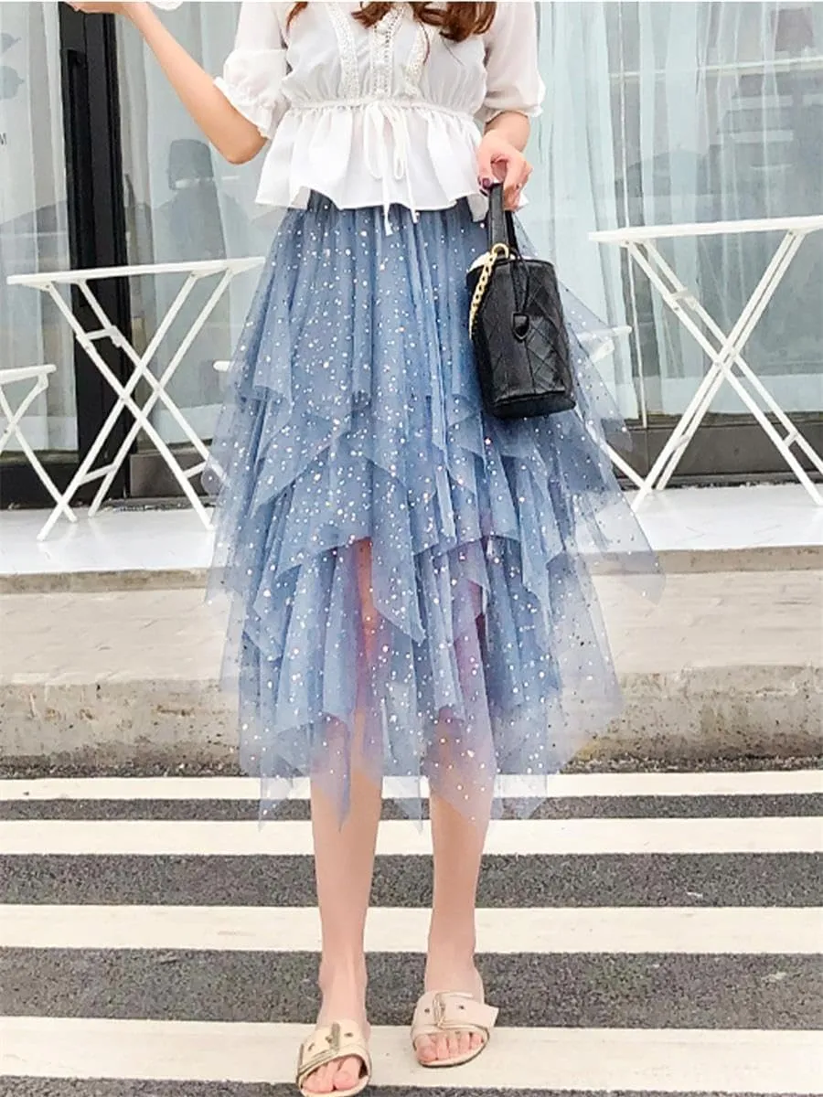 Tulle Skirts for Women Midi Long Fairy Skirt Tutu A-Line Mesh Layered High Elastic Waist Halloween Skirts