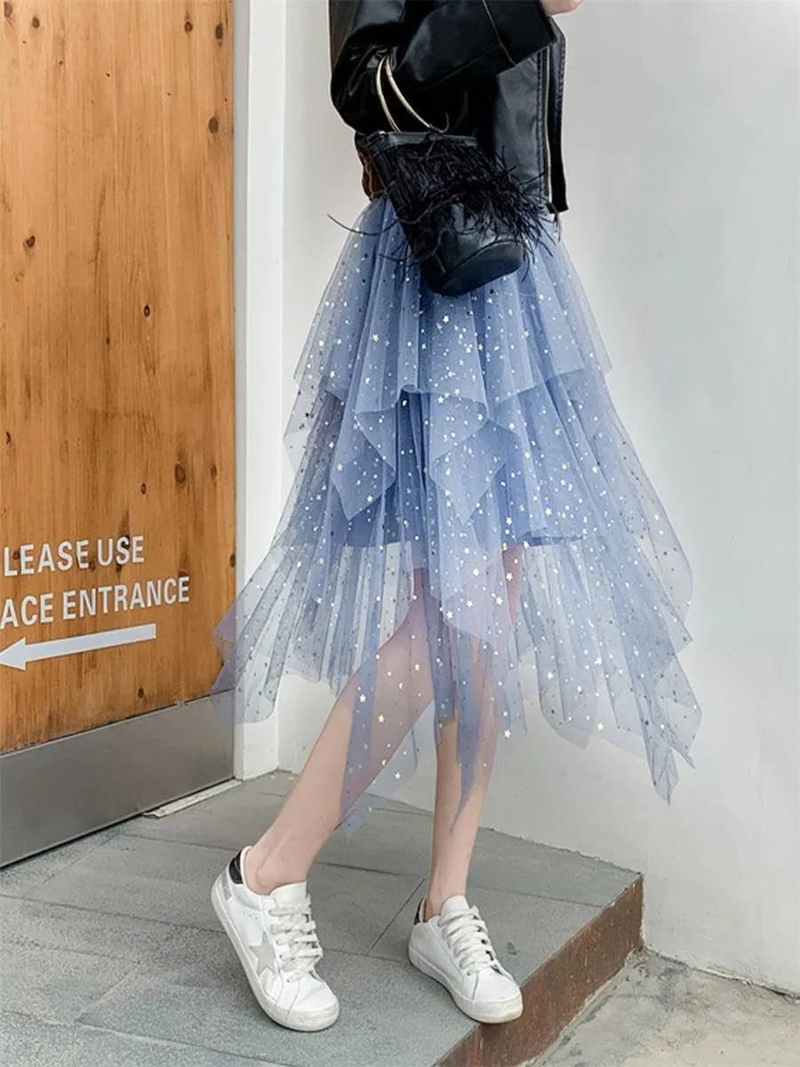 Tulle Skirts for Women Midi Long Fairy Skirt Tutu A-Line Mesh Layered High Elastic Waist Halloween Skirts