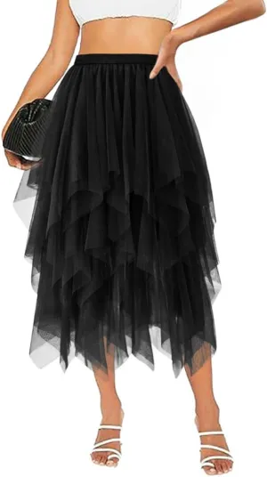 Tulle Skirts for Women Midi Long Tutu Skirt A-Line Mesh Layered Fairy Trendy High Elastic Waist Halloween Skirts