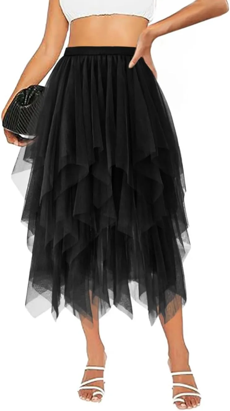 Tulle Skirts for Women Midi Long Tutu Skirt A-Line Mesh Layered Fairy Trendy High Elastic Waist Halloween Skirts
