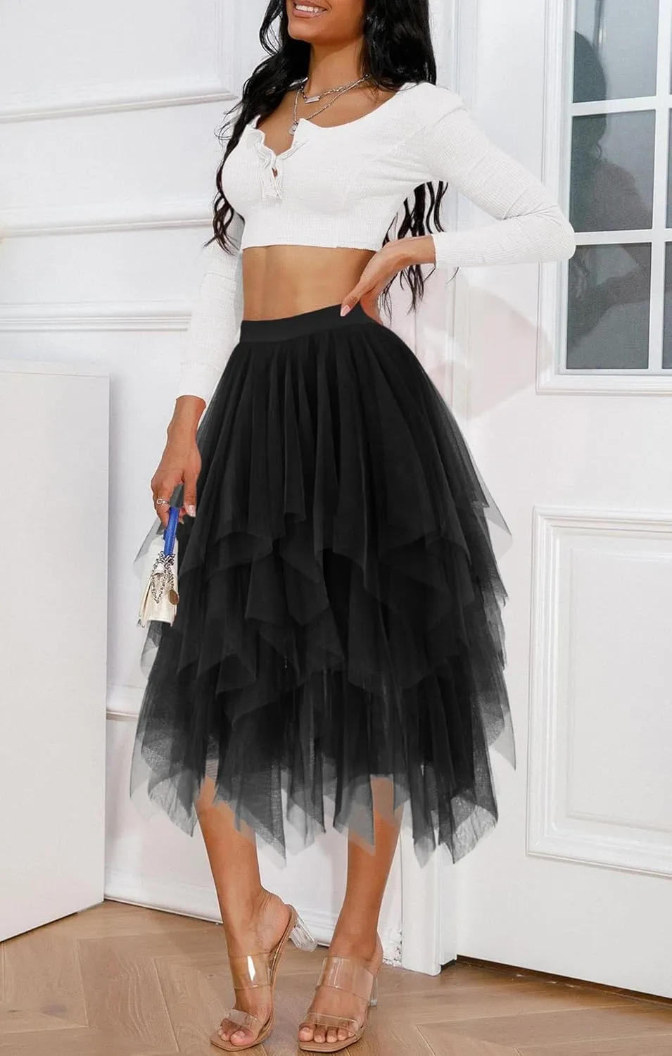 Tulle Skirts for Women Midi Long Tutu Skirt A-Line Mesh Layered Fairy Trendy High Elastic Waist Halloween Skirts