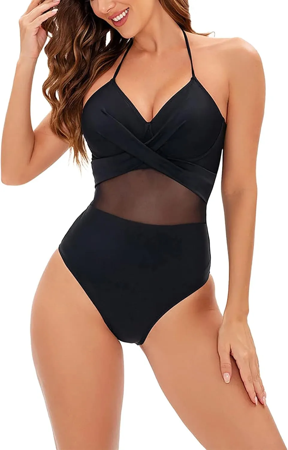 Tummy Control Swimsuits for Women Solid Ribbed Monokini Swimwear Scoop Neck Low Back Bathing Suit Modest Swimsuit
