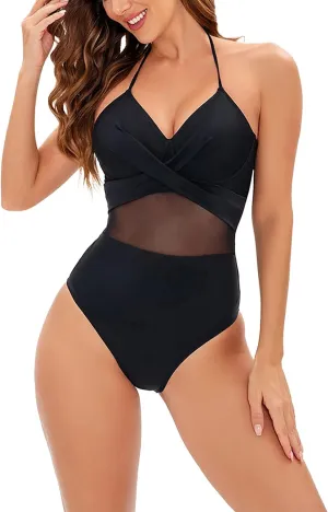 Tummy Control Swimsuits for Women Solid Ribbed Monokini Swimwear Scoop Neck Low Back Bathing Suit Modest Swimsuit