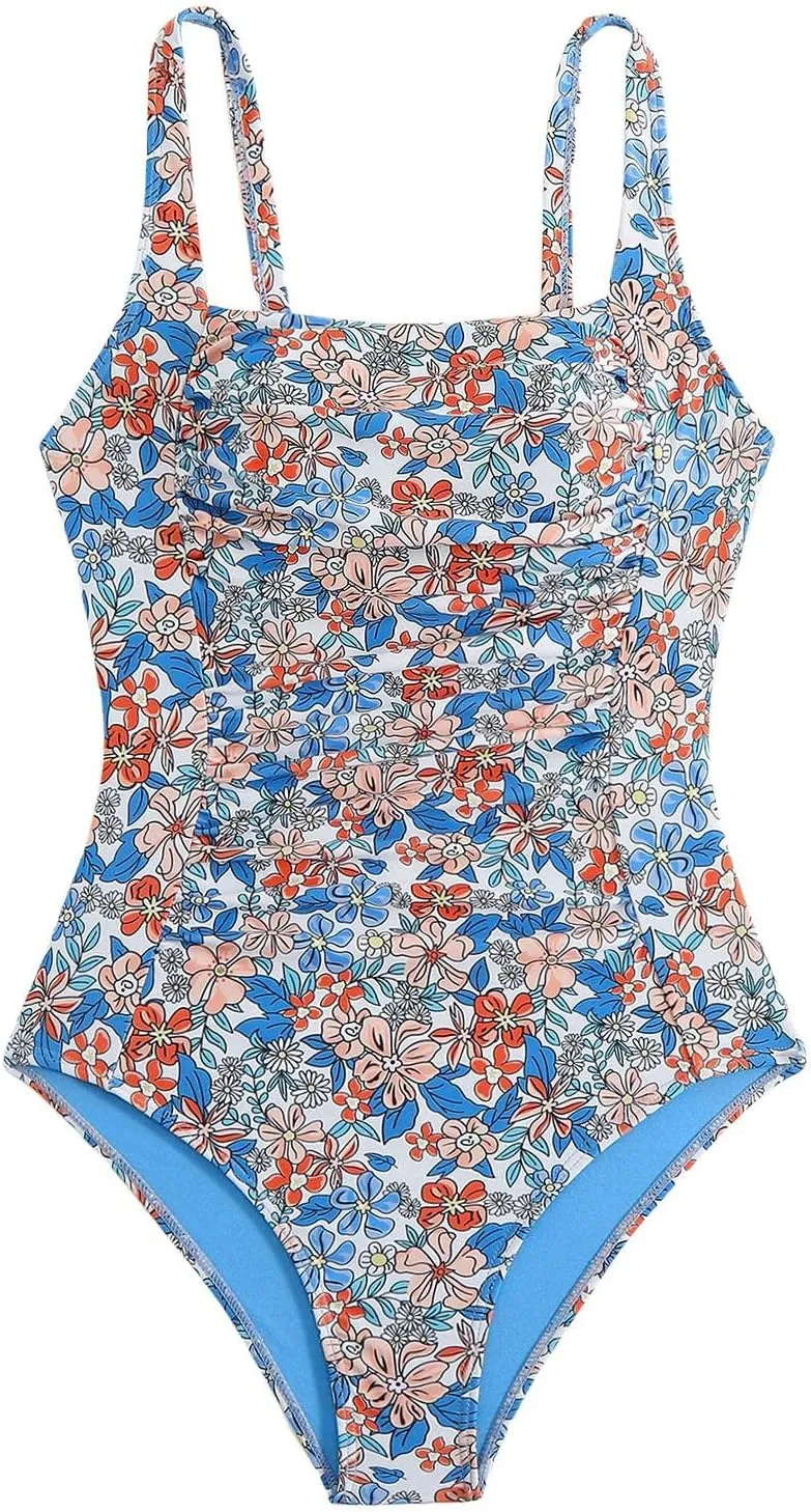 TUQIDEWU One Piece Swimsuit Women Tummy Control One Piece Bathing Suit for Women Floral Print Square Neck Backless Beachwear