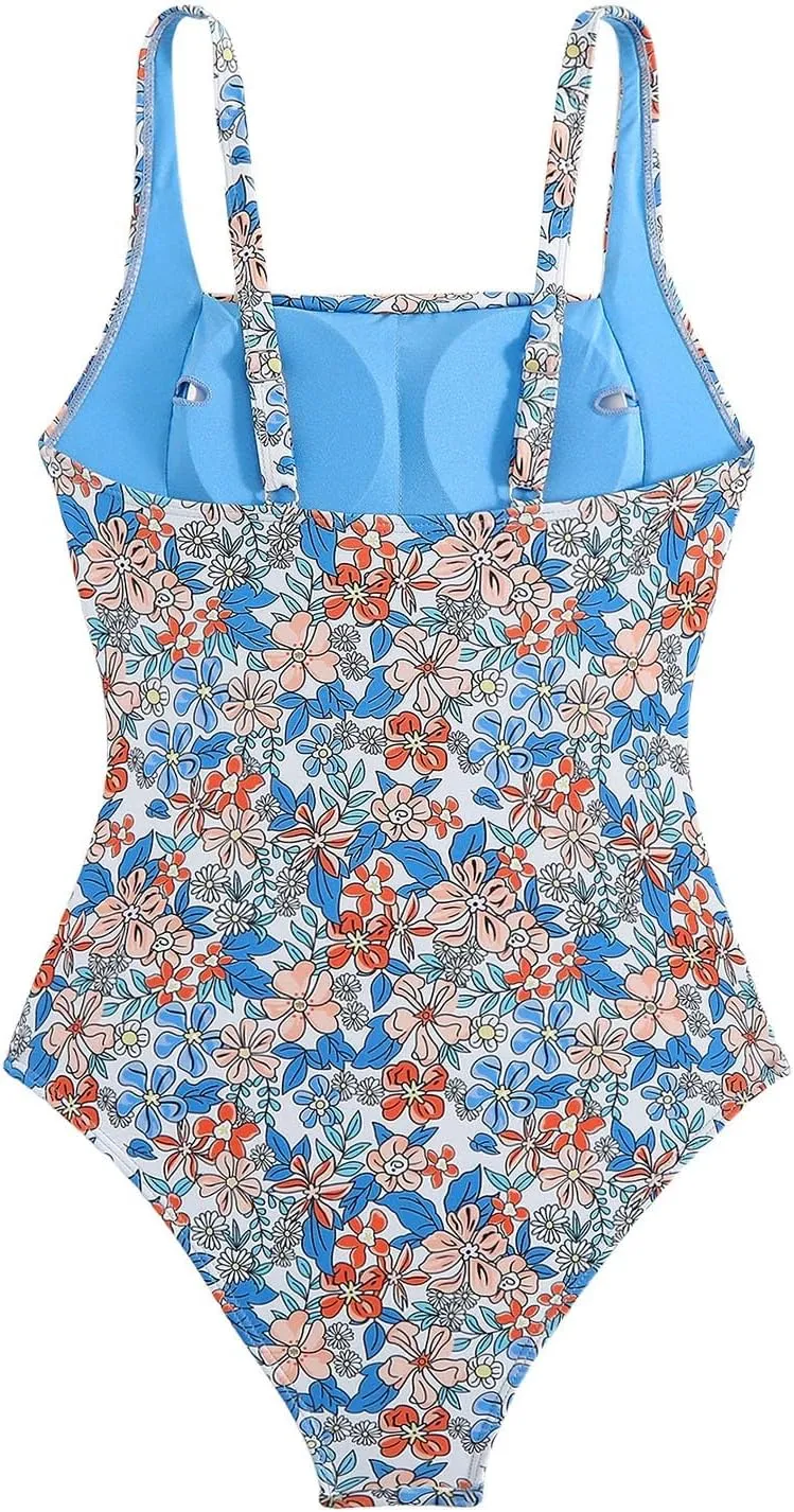 TUQIDEWU One Piece Swimsuit Women Tummy Control One Piece Bathing Suit for Women Floral Print Square Neck Backless Beachwear