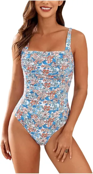 TUQIDEWU One Piece Swimsuit Women Tummy Control One Piece Bathing Suit for Women Floral Print Square Neck Backless Beachwear