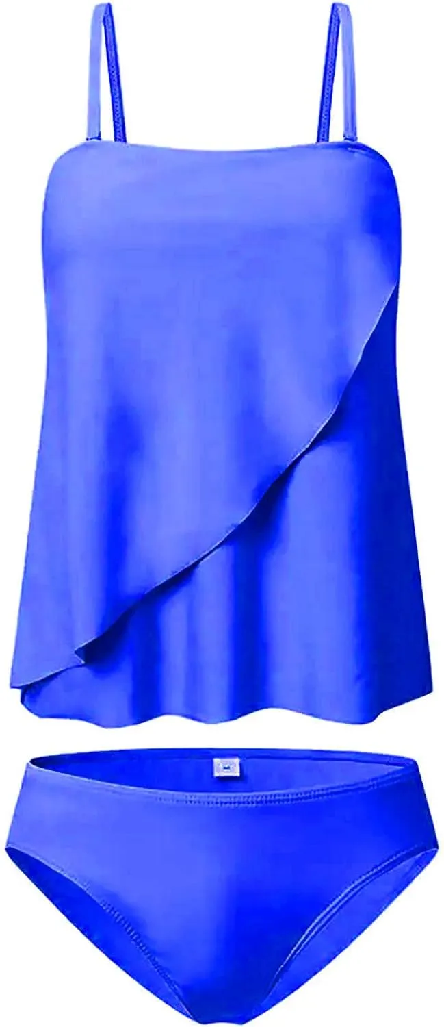 Two Piece Bandeau Tankini Swimsuits for Women Loose Blouson Strapless Swim Top with Bikini Bottom Bathing Suits