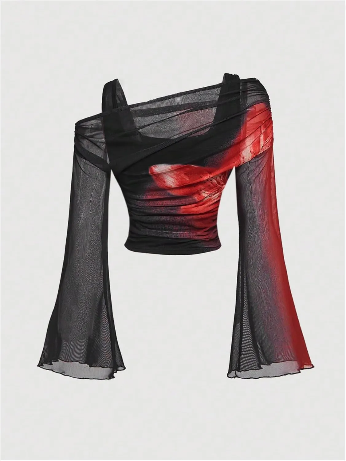 Verdusa Women's Y2k Off Shoulder Tops Tie Dye Mesh Long Flared Sleeve Ruched Crop Shirt Top