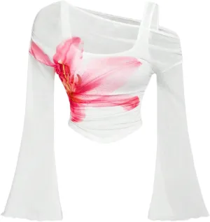 Verdusa Women's Y2k Off Shoulder Tops Tie Dye Mesh Long Flared Sleeve Ruched Crop Shirt Top