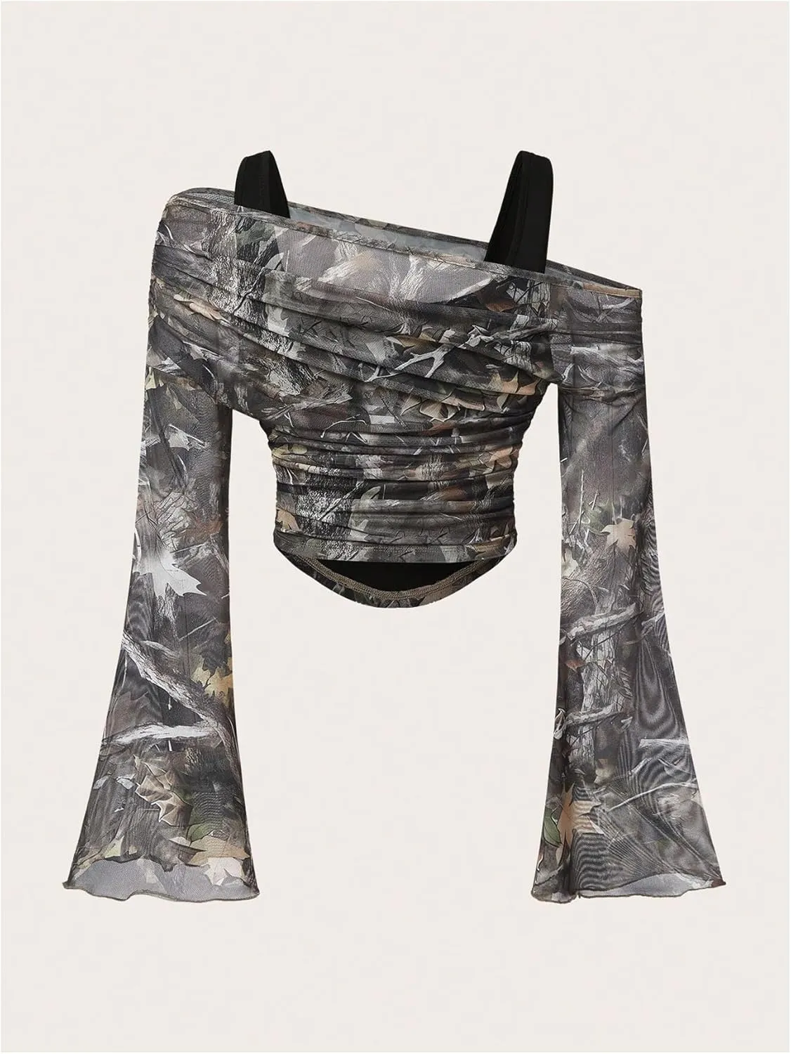 Verdusa Women's Y2k Off Shoulder Tops Tie Dye Mesh Long Flared Sleeve Ruched Crop Shirt Top