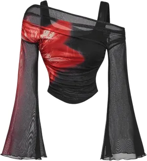 Verdusa Women's Y2k Off Shoulder Tops Tie Dye Mesh Long Flared Sleeve Ruched Crop Shirt Top