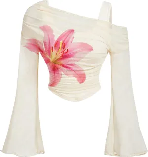 Verdusa Women's Y2k Off Shoulder Tops Tie Dye Mesh Long Flared Sleeve Ruched Crop Shirt Top