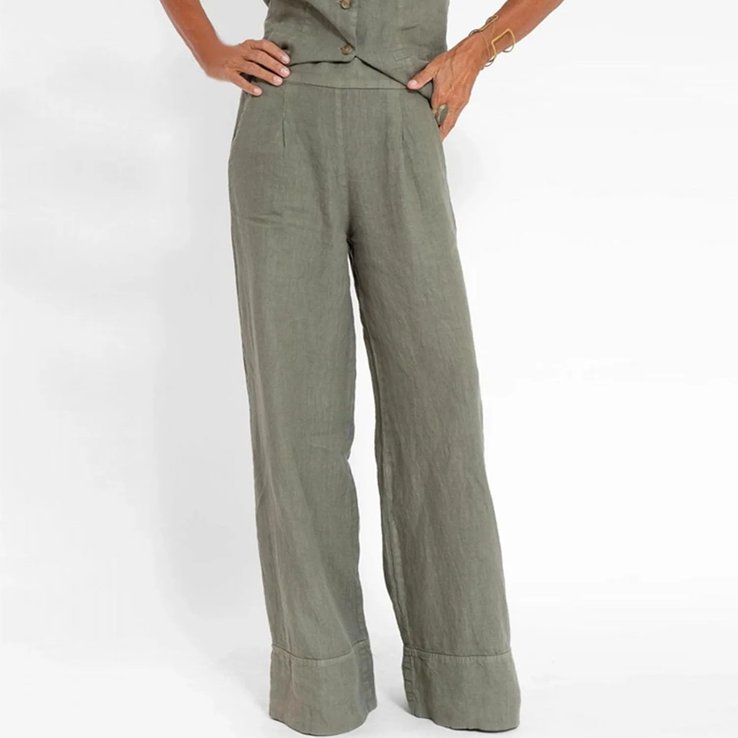 Vintage 2 Piece Outfit Women Cotton Linen Sets Button Crop Vest Blazer and Wide Leg Long Pants Set Casual Streetwear